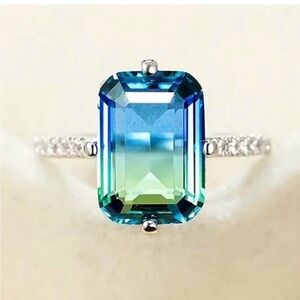 Blue-Green Emerald Cut Gemstone Ring - Women Jewelry size 7